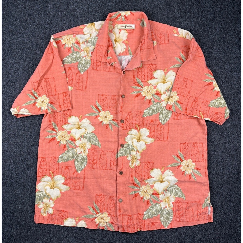 Tommy Bahama Mens XL Silk Camp Shirt Coral Pink Hibiscus Floral Tropical Print